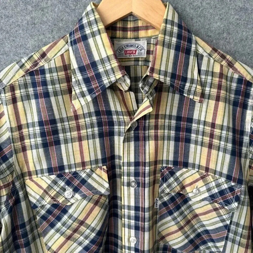 Vintage LEVI'S Shirt Mens S / M Long Sleeve Yellow Blue Plaid 70s 80s Button Up - Picture 3 of 11
